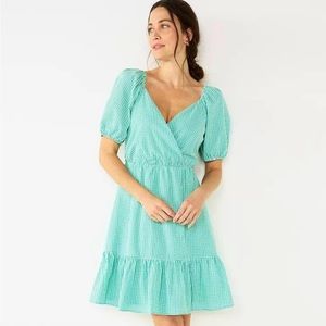 Draper James Peasant Gingham Mini Tiered Dress Size L Green White Puff Sleeve